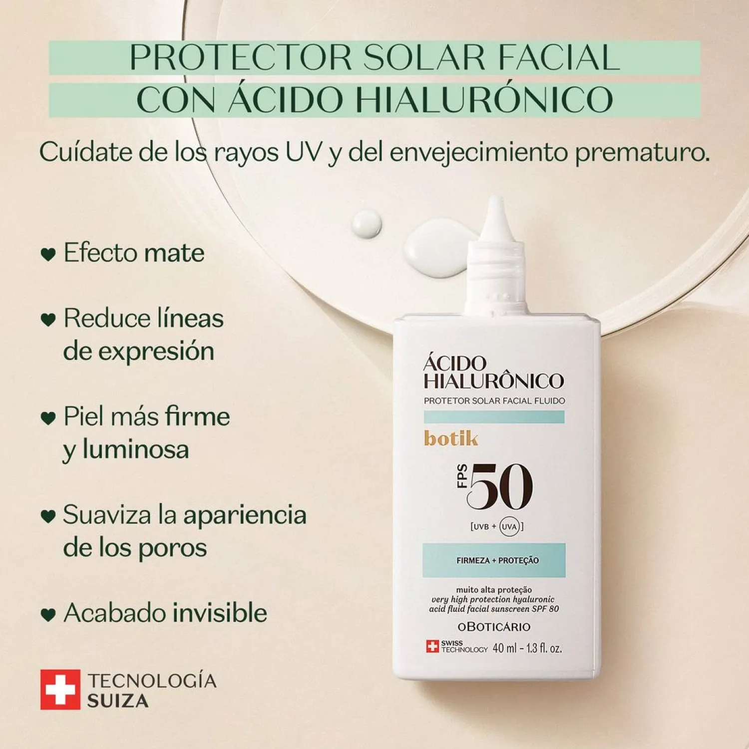 Skin Care Para Hombres | Protectores Solares | O Boticário CO BOTIK PROTECTOR SOLAR FACIAL FPS 80 ACIDO HIALURONICO 40ml