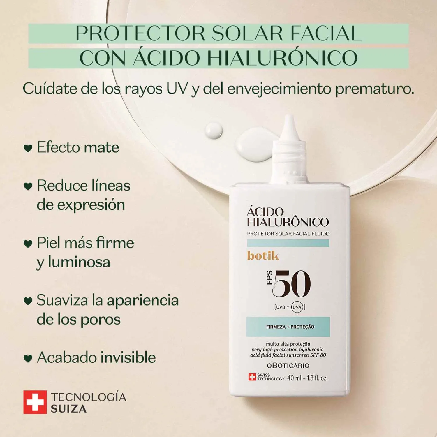 Skin Care Para Hombres | Protectores Solares | O Boticário CO BOTIK PROTECTOR SOLAR FACIAL FPS 50 ACIDO HIALURONICO 40ml
