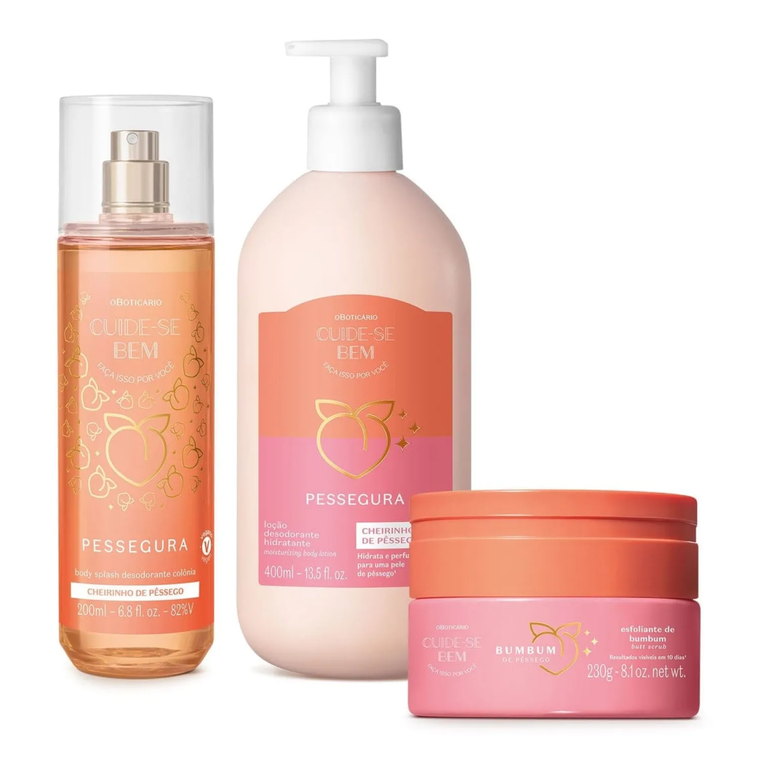 Body Splash | CUIDE-SE BEM Combo Pessego: Locion Corporal 400ml + Body Splash 200ml + Crema Exfoliante 230g